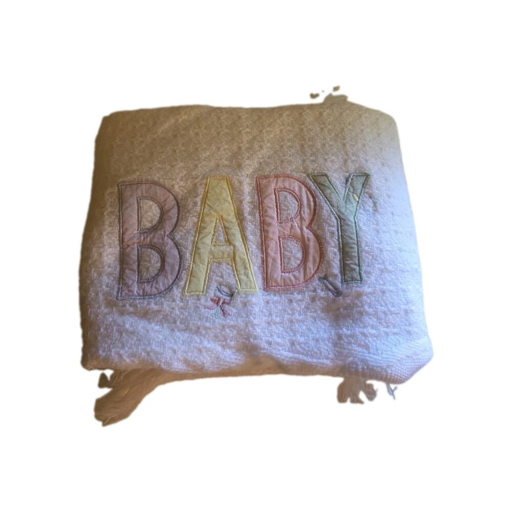 Vintage Baby Blanket bright future White “BABY” Fringe Trim 36 X 47 Cottagecore